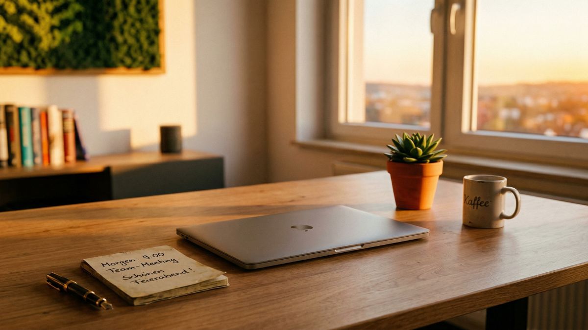 Aufgeräumter leerer Schreibtisch bei Sonnenuntergang — Symbol für gesunde Work-Life-Balance