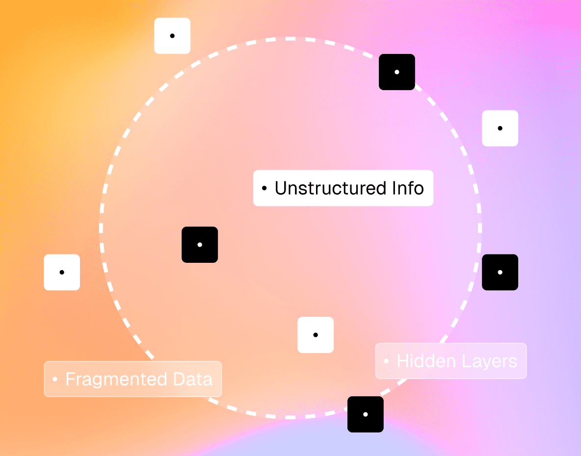 A collection of data points floating over a circle illustrating software data on a soft orange and white background.