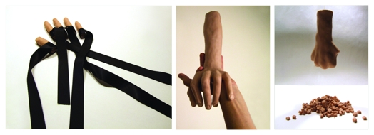 A group of 3d images that depict fingers tied with black ribbons, two hands grabbing each other, a fist and some grain looking brown pieces.