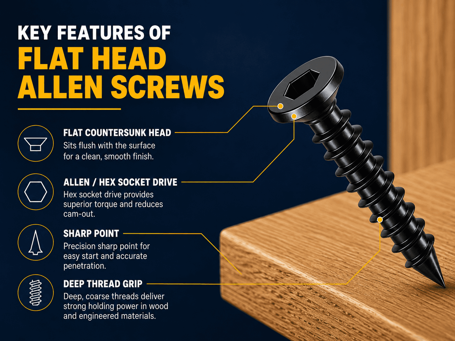 Flat head Allen screw showing internal hex drive, low-profile head, full thread and pointed tip