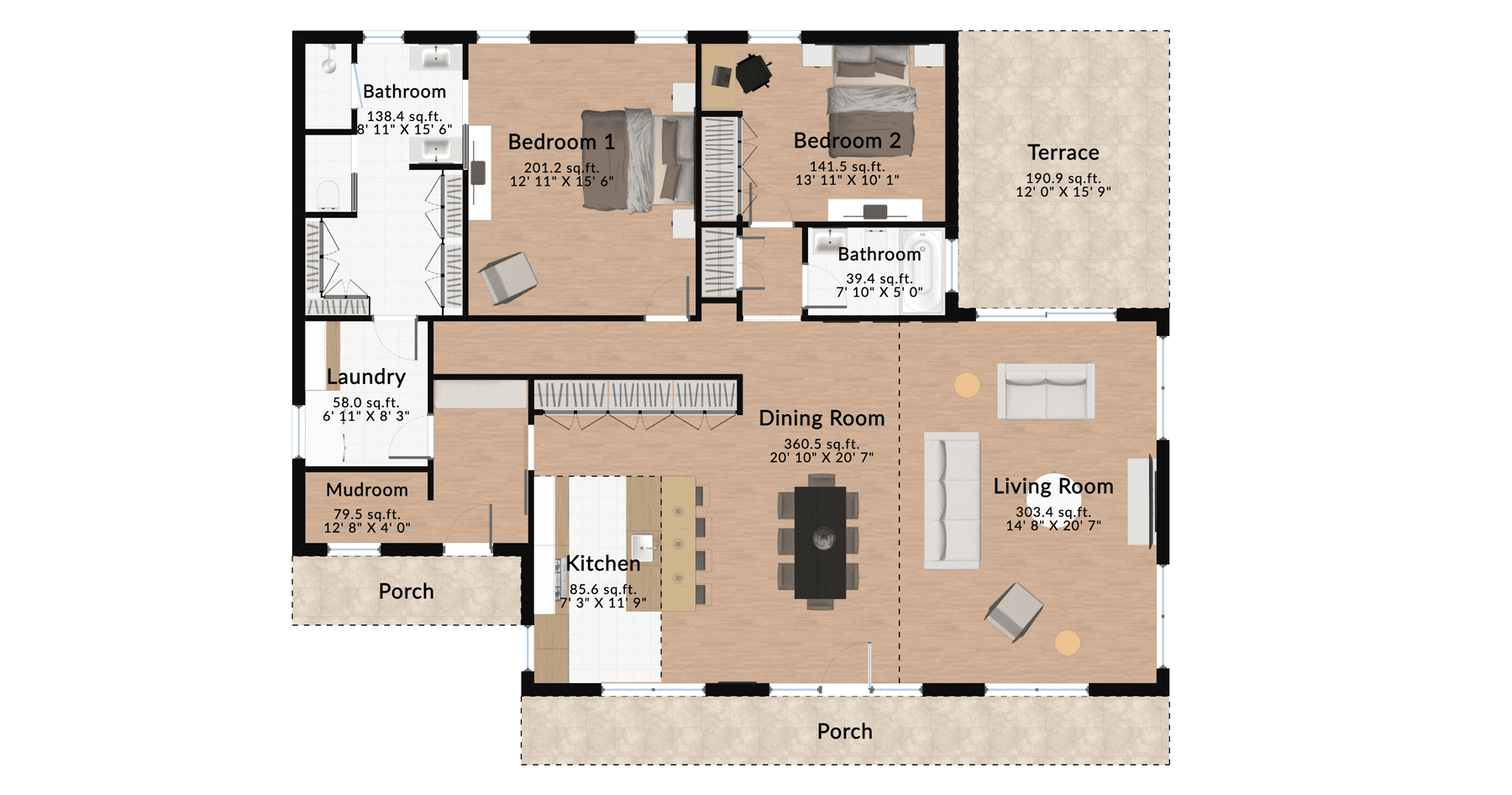 Two-bedroom house furnished layout featuring an open-concept living room, modern kitchen with island, two bedrooms, and outdoor terrace.