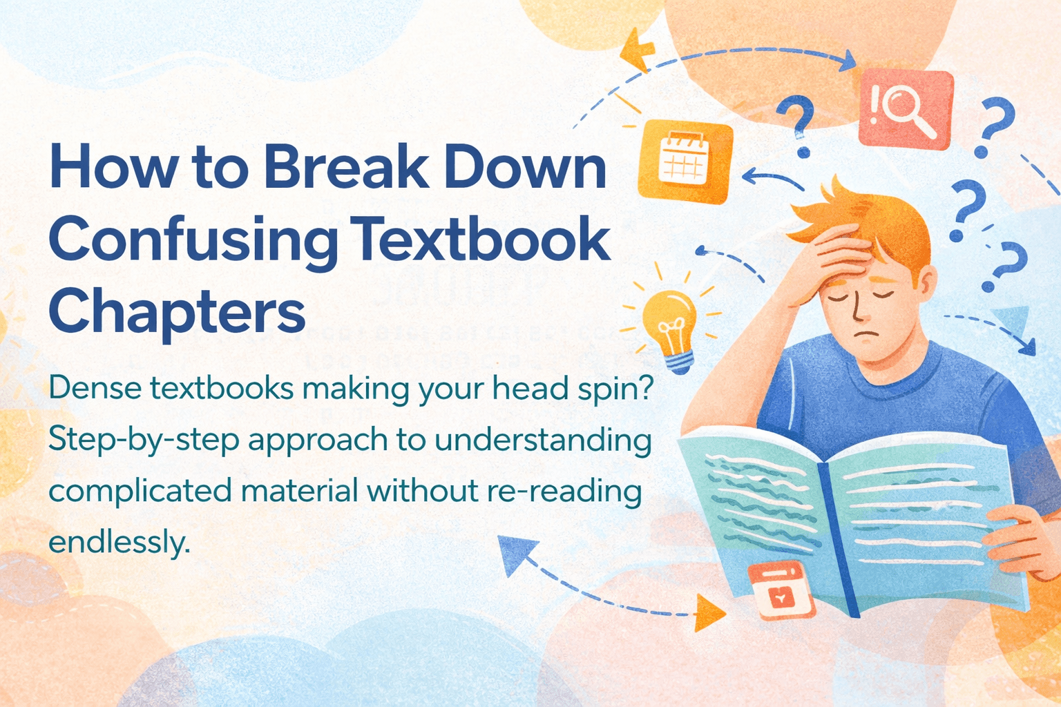 How to Break Down Confusing Textbook Chapters, student reading tough book with icons showing steps to understand.