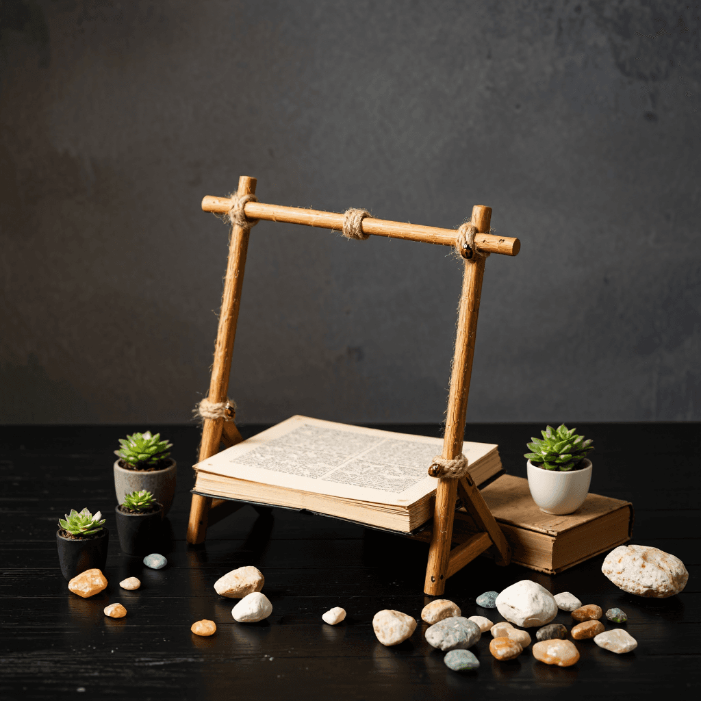 product photography of a wooden display stand with decorative rope and ladybug accents