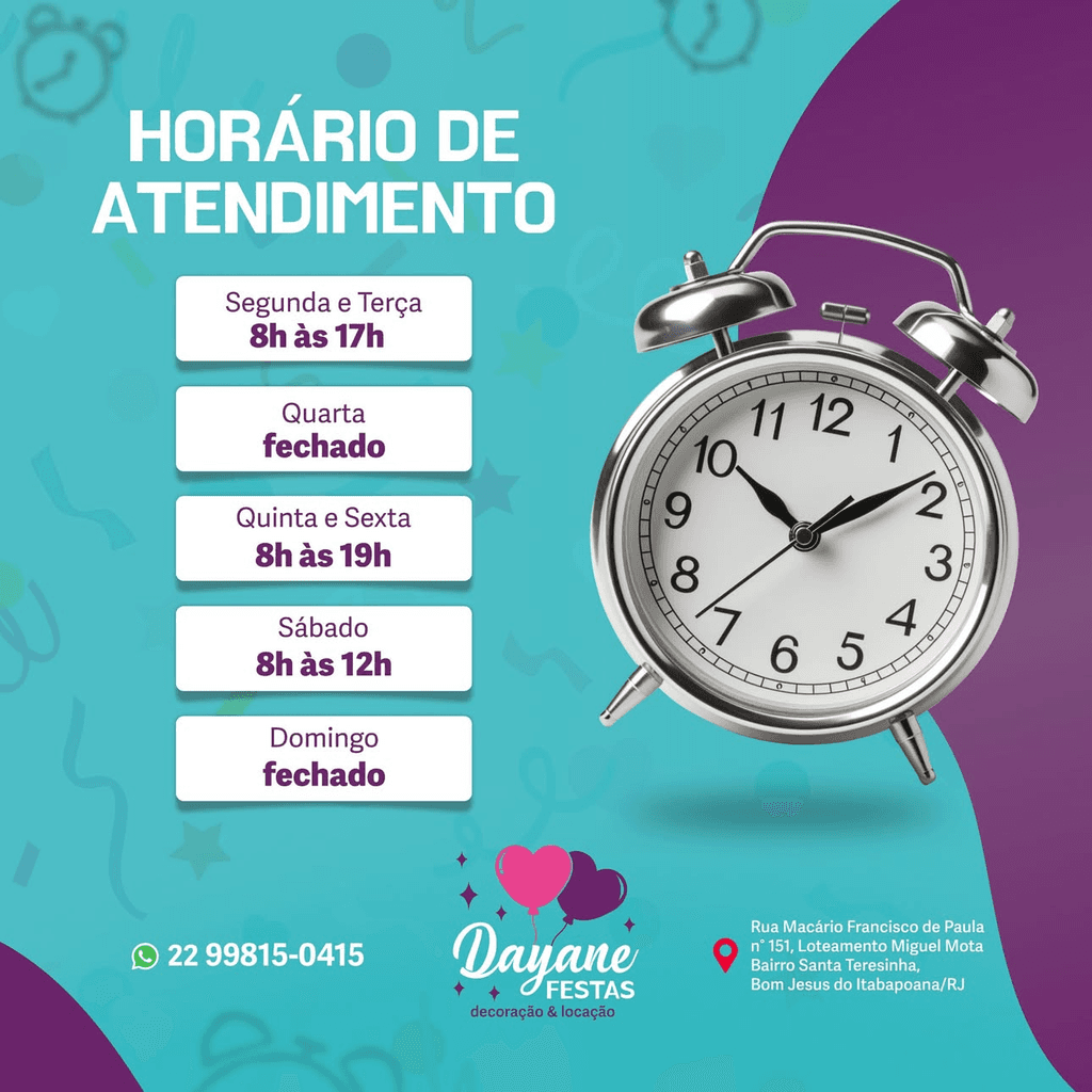 horario de funcionamento dayane festas bom jesus do itabapoana atendimento