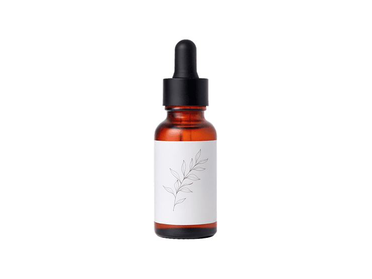 amber glass dropper bottle with a plain botanical illustration label
