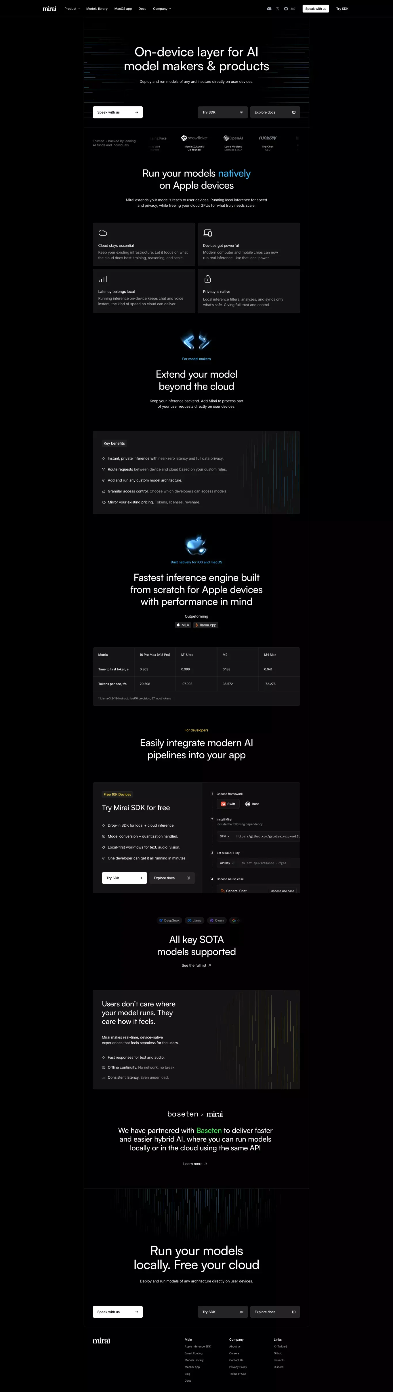 Mirai: On-Device Layer for AI Model Make landing page screenshot showcasing AI and Tech design