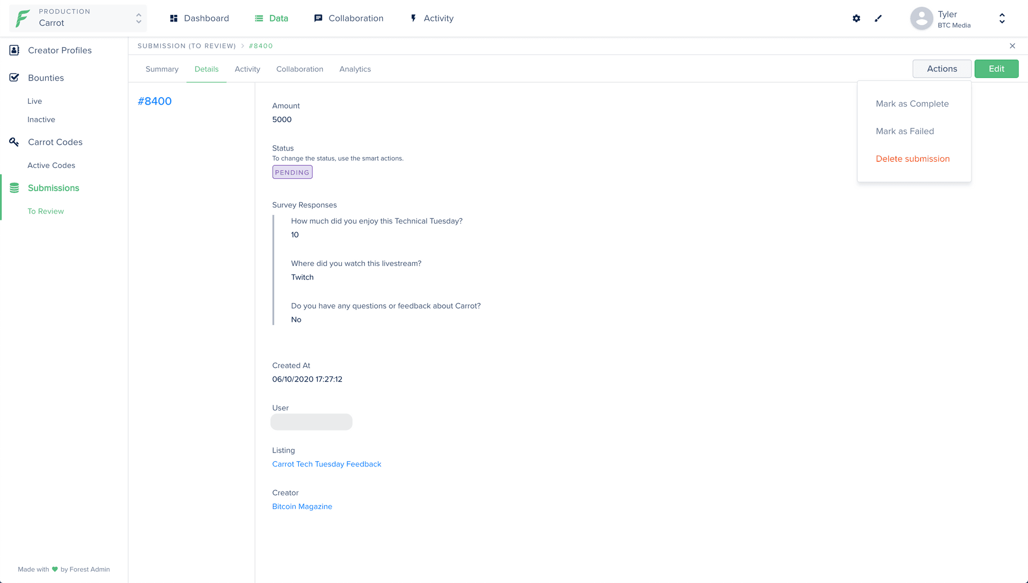 A Forest Admin details view with the action dropdown displayed.
