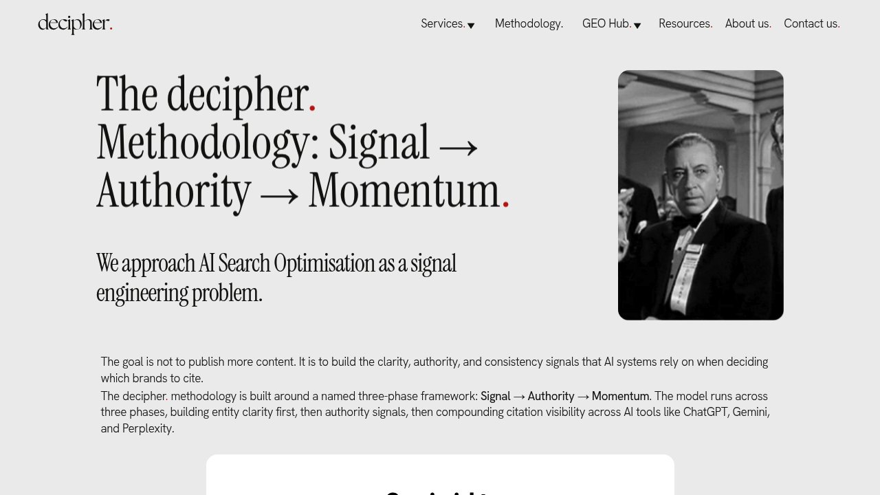decipher. Signal Authority Momentum framework table showing three phases of AI search optimisation service delivery