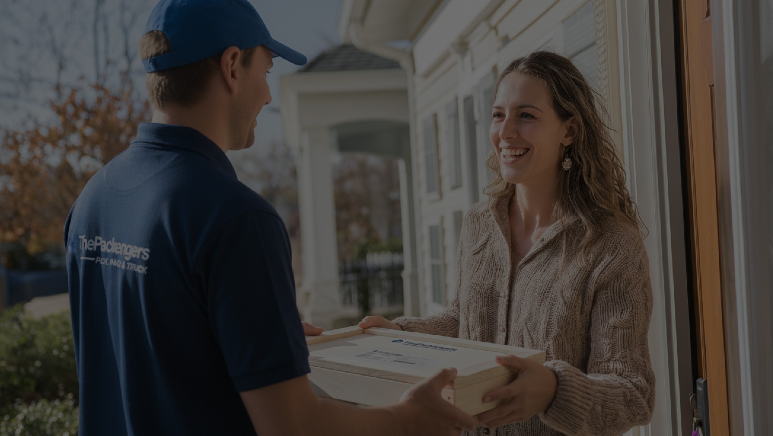 Woman happily receives package from thepackengers delivery guy