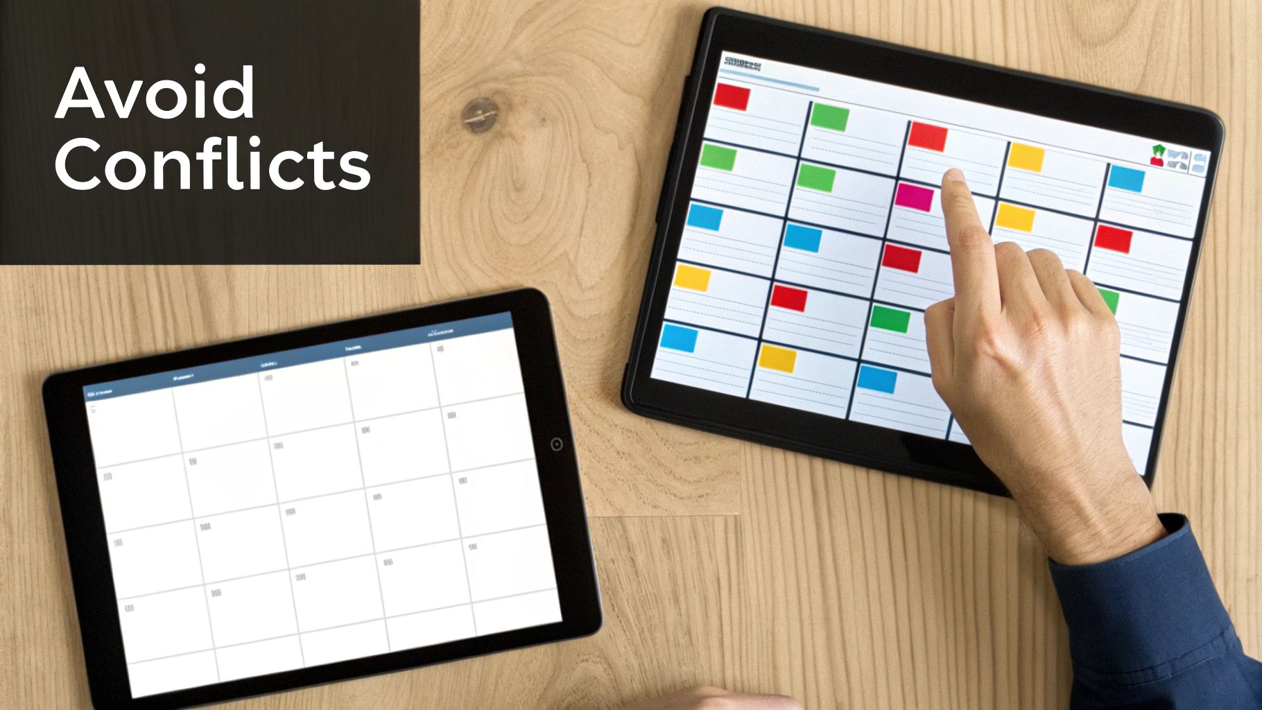 A hand interacts with a colorful calendar app on a tablet, aiming to avoid conflicts, next to an empty calendar.