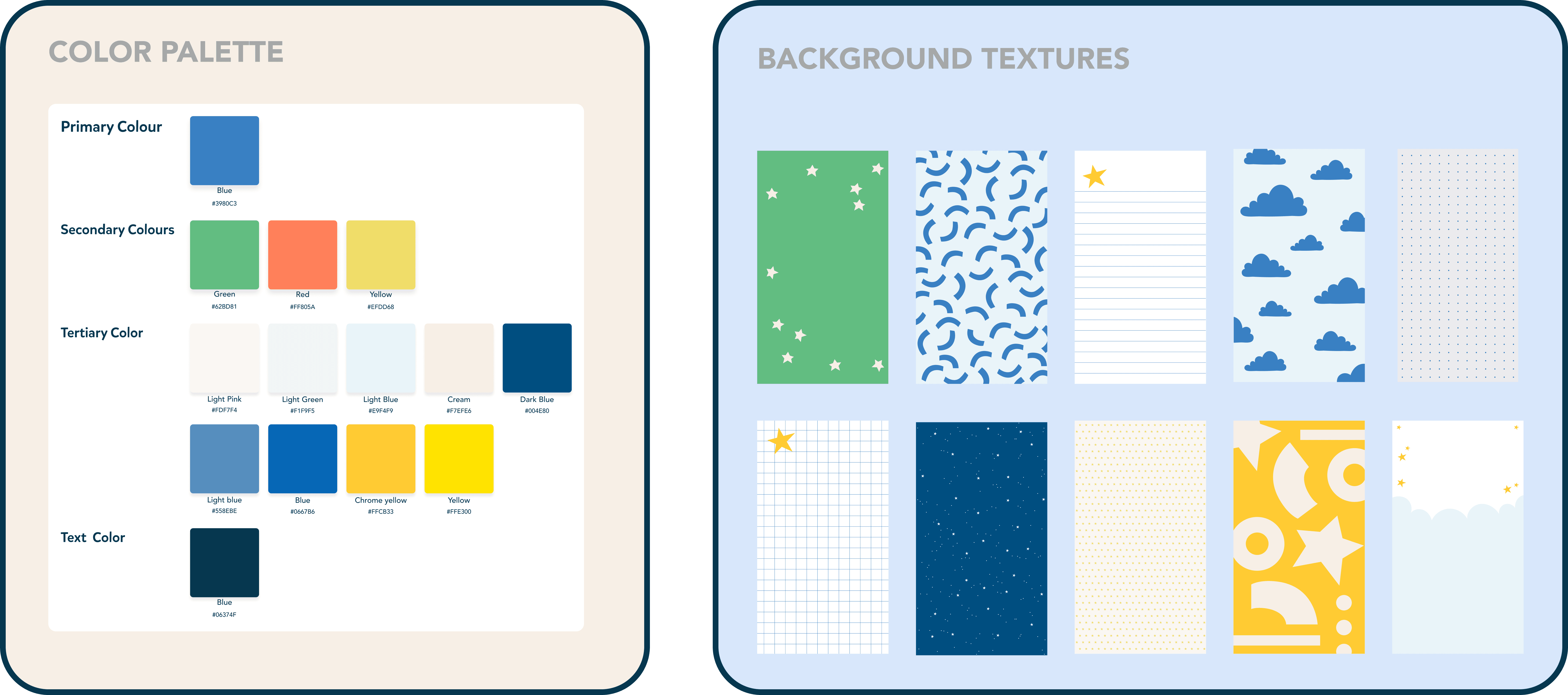 The image displays a color palette with primary, secondary, and tertiary colors alongside various background textures featuring patterns like clouds, stars, and abstract shapes.