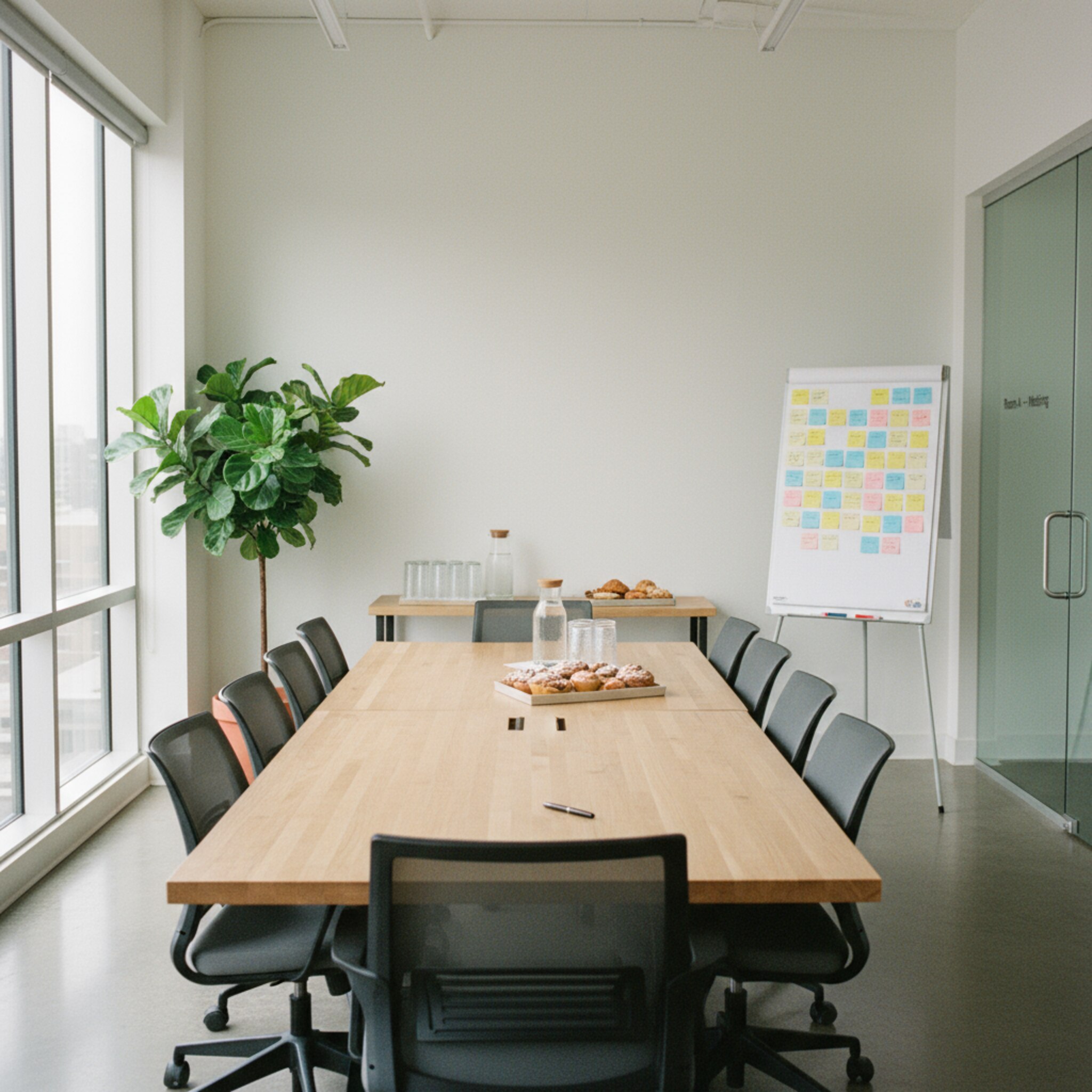 Ein vorbereiteter Meetingraum mit großem Tisch, sauber ausgerichteten Stühlen und einem Flipchart voller Haftnotizen. Auf einem Beistelltisch stehen Karaffen, Gläser und ein Tablett mit Gebäck. An der Wand hängt eine dezente Raumkennzeichnung, die Professionalität und Struktur vermittelt.