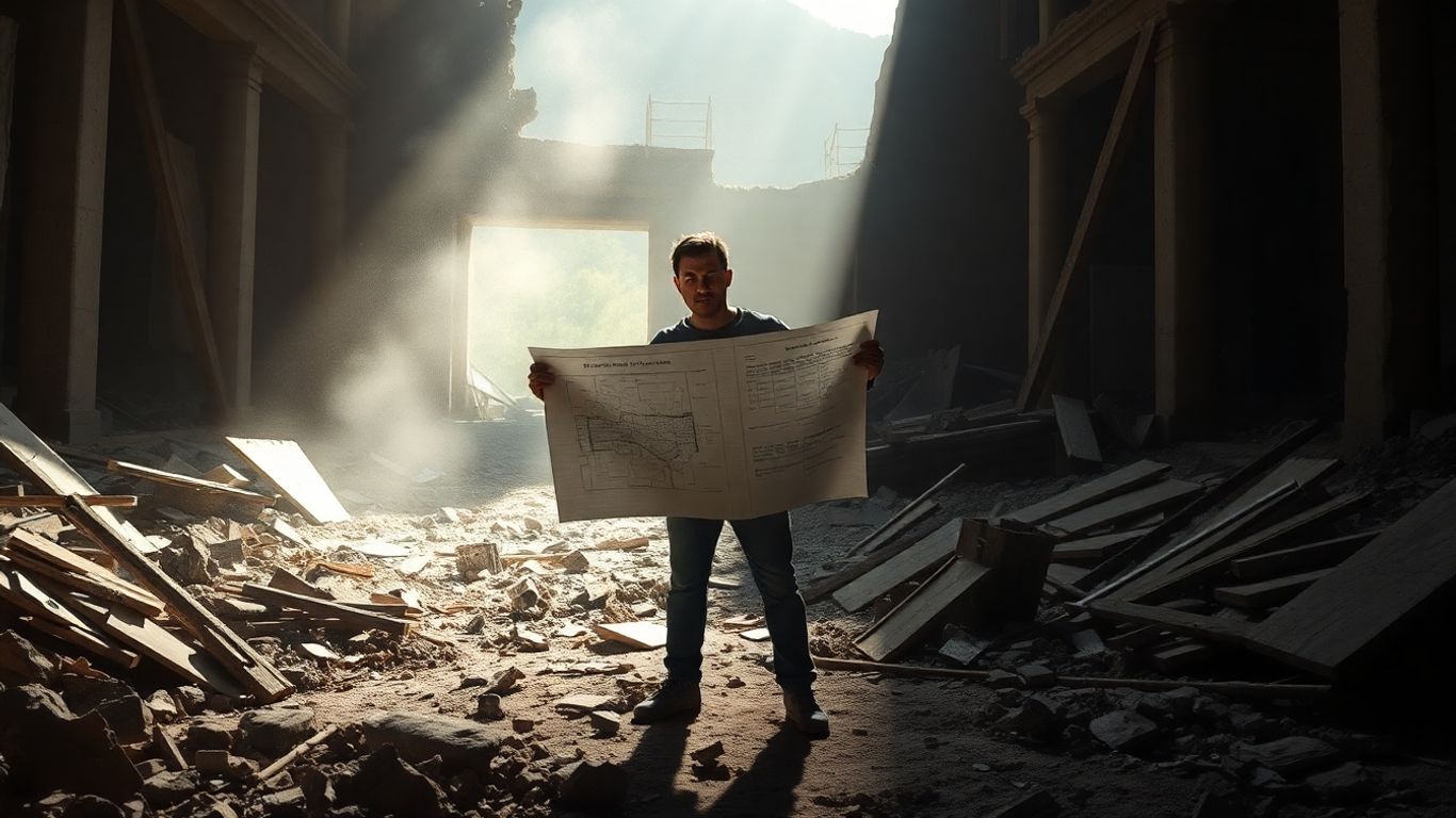 Builder with blueprint amidst debris, looking towards light.