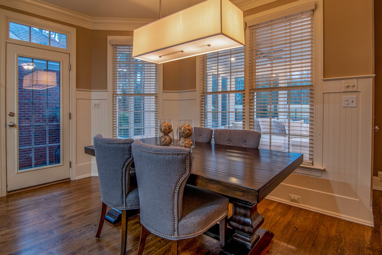 Kitchen and dining area with wooden flooring