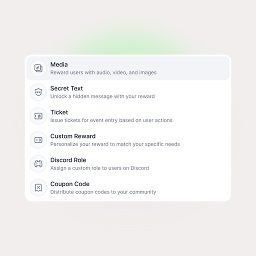 List of reward types including media, secret text, ticket, custom reward, Discord role, and coupon code, representing Quboid’s dynamic reward controls.