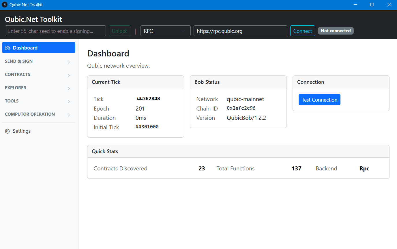 Dashboard view showing Current Tick, Epoch, Bob Status, and Connection panels