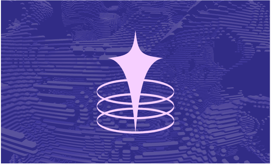 Abstract starburst shape above three circular rings, centered on a purple voxel-style background.