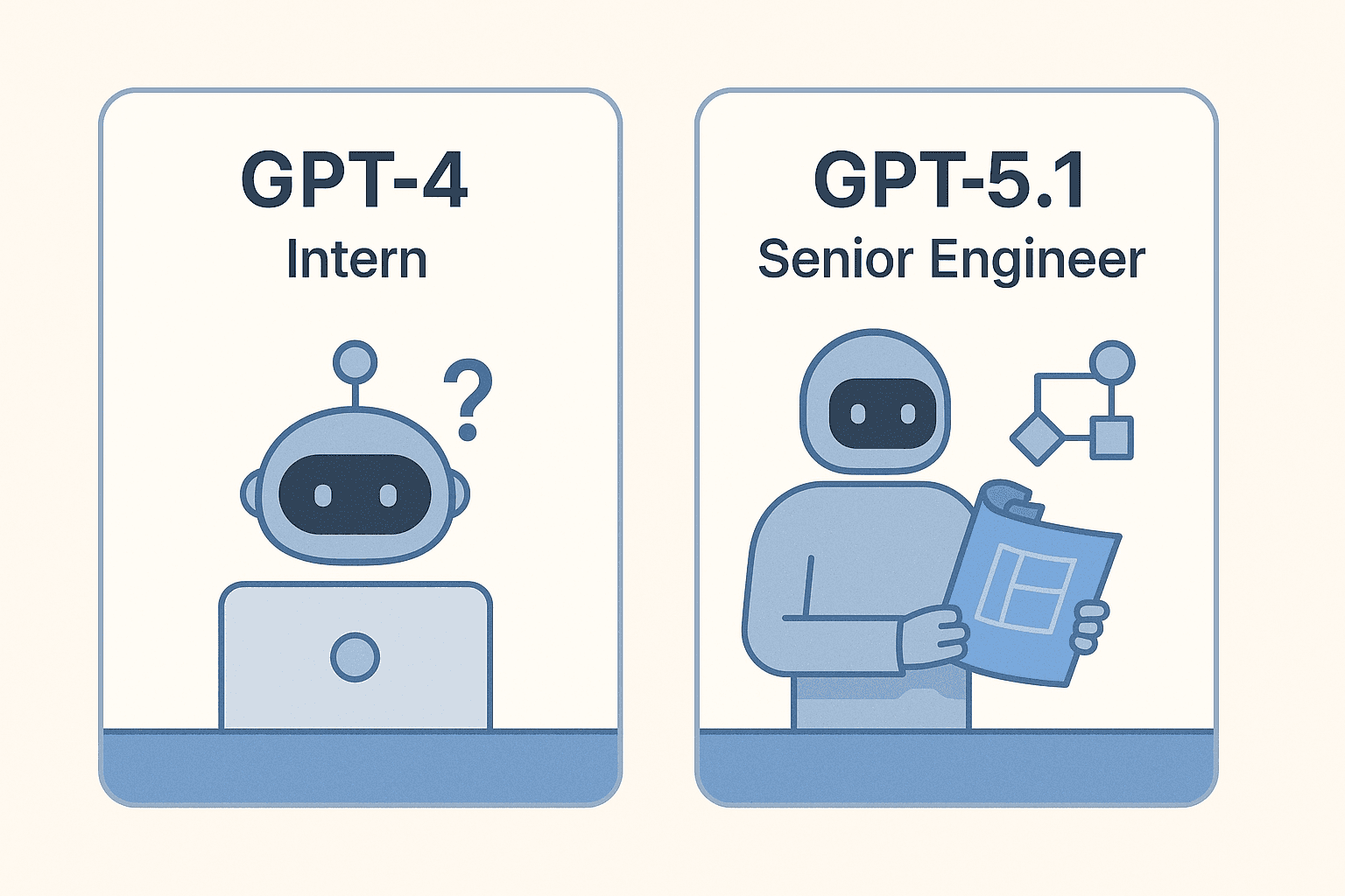 Comparison cards showing GPT-4 as a confused intern and GPT-5.1 as a confident senior engineer holding blueprints and logic diagrams.