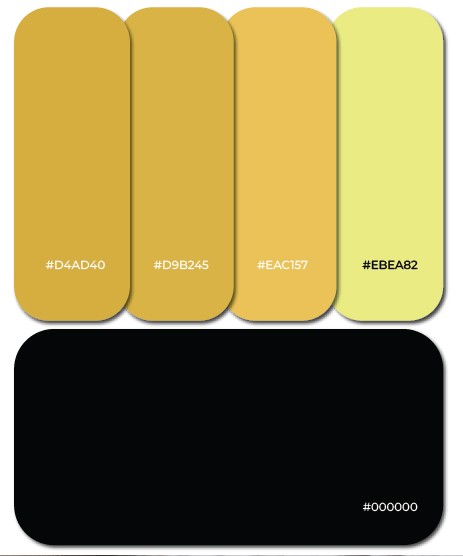 Brand color palette featuring rich gold tones contrasted with black to convey elegance and sophistication