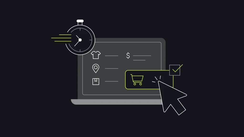 Illustration of a laptop with a stopwatch and a clicked cart button, showing a faster checkout and higher conversion