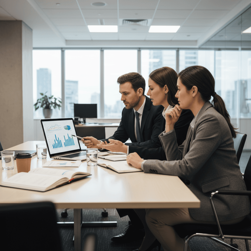 Account manager and operations leader discussing a strategic B2B upsell with a client