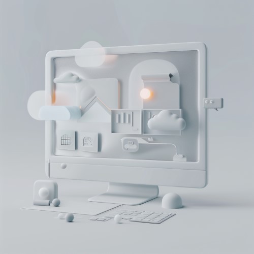 Ein 3d Modell eines Computer Monitors mit diversen 3d Elementen die davor schweben.