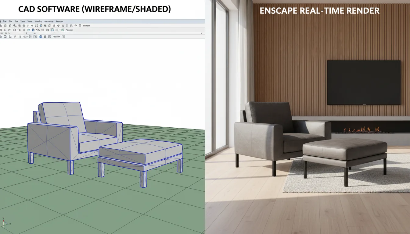 Split-screen comparison of 3D architectural visualization software. On the left, a 3D modeling CAD program interface in light mode, displaying a low-polygon wireframe and shaded model of a modern armchair and ottoman on a solid green ground plane, with a top toolbar showing UI elements. On the right, the corresponding photorealistic real-time render from Enscape software, showing the same dark gray leather armchair and ottoman in sharp focus inside a minimalist living room. The rendered scene is illuminated by bright, natural daylight from a large window, casting long, soft shadows across the light wood floor. In the background, a wood-paneled accent wall features a wall-mounted TV and a lit modern fireplace.
