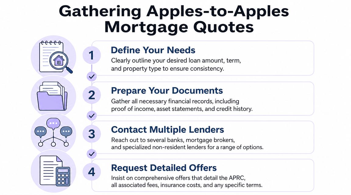 An infographic showing four numbered steps to effectively compare and gather accurate mortgage rate quotes.