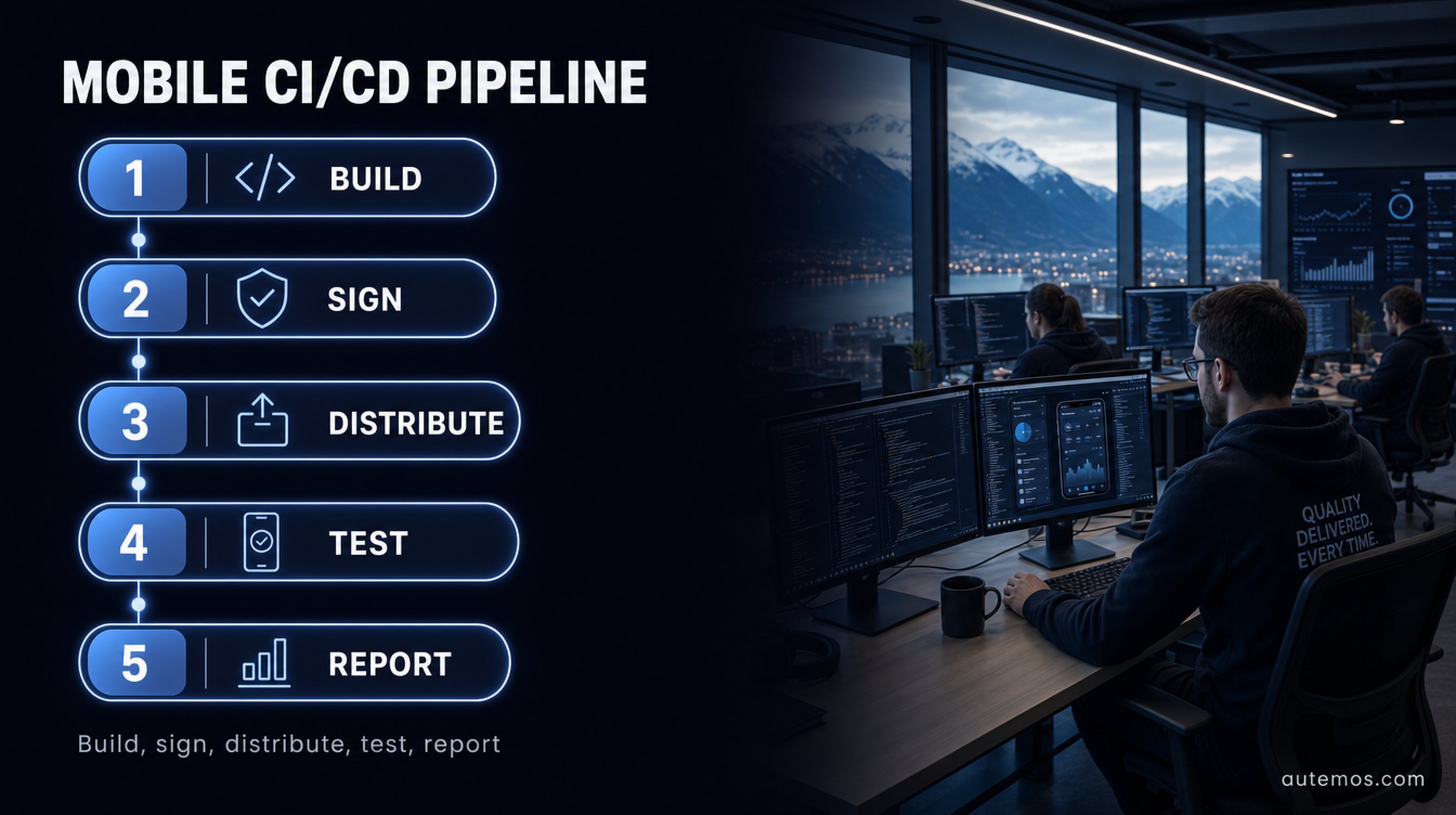 Process infographic: five-step mobile CI/CD pipeline – build, sign, distribute, test, report.