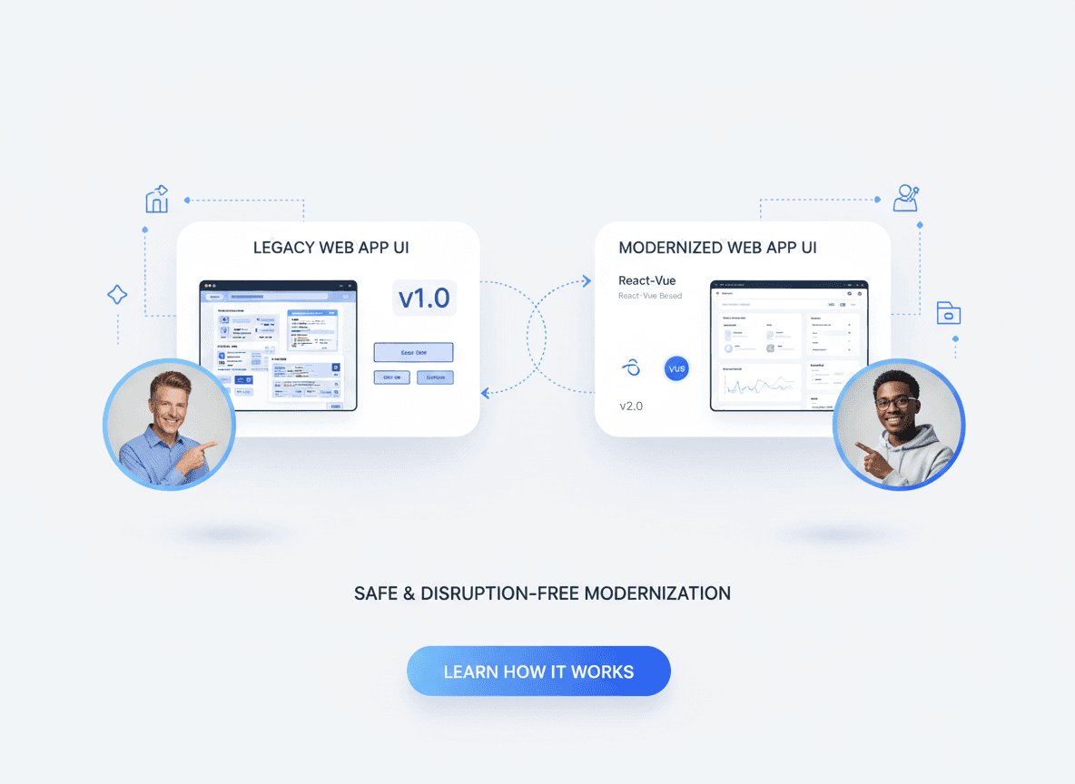 Legacy web app modernization showing outdated interface transforming into a modern React and Vue web application with improved performance and usability