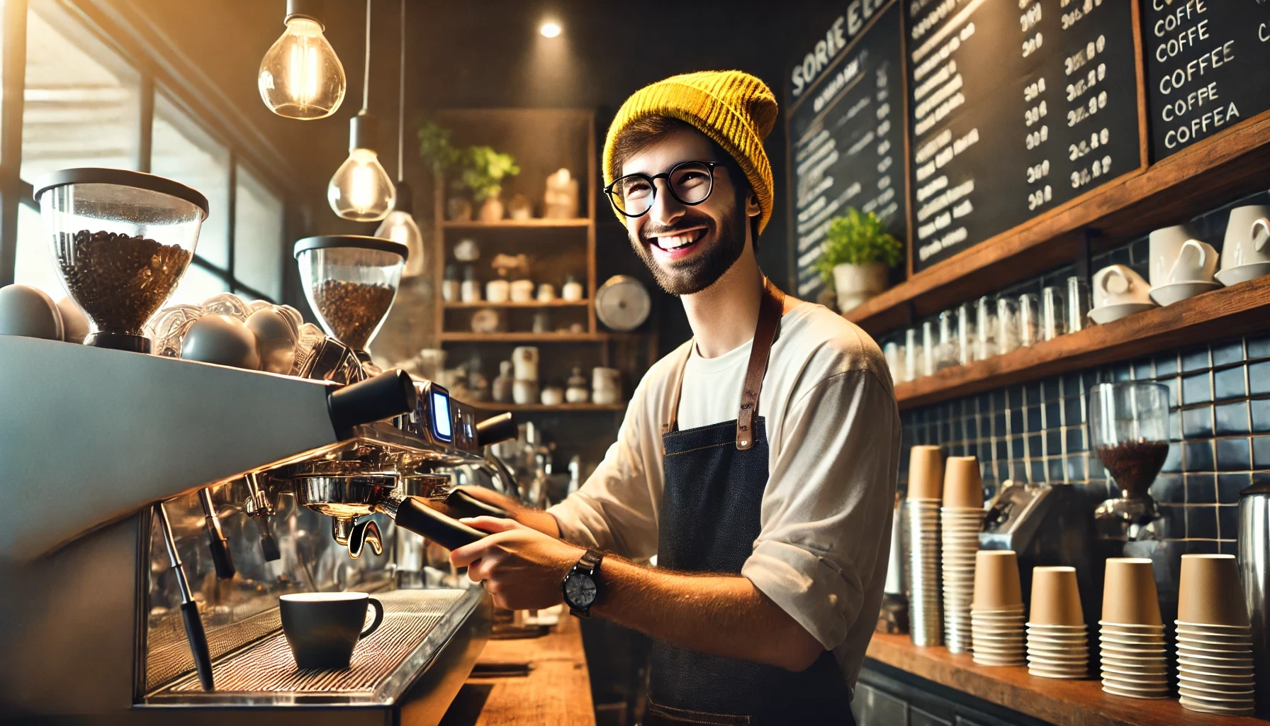 Female barista making coffee with back to camera