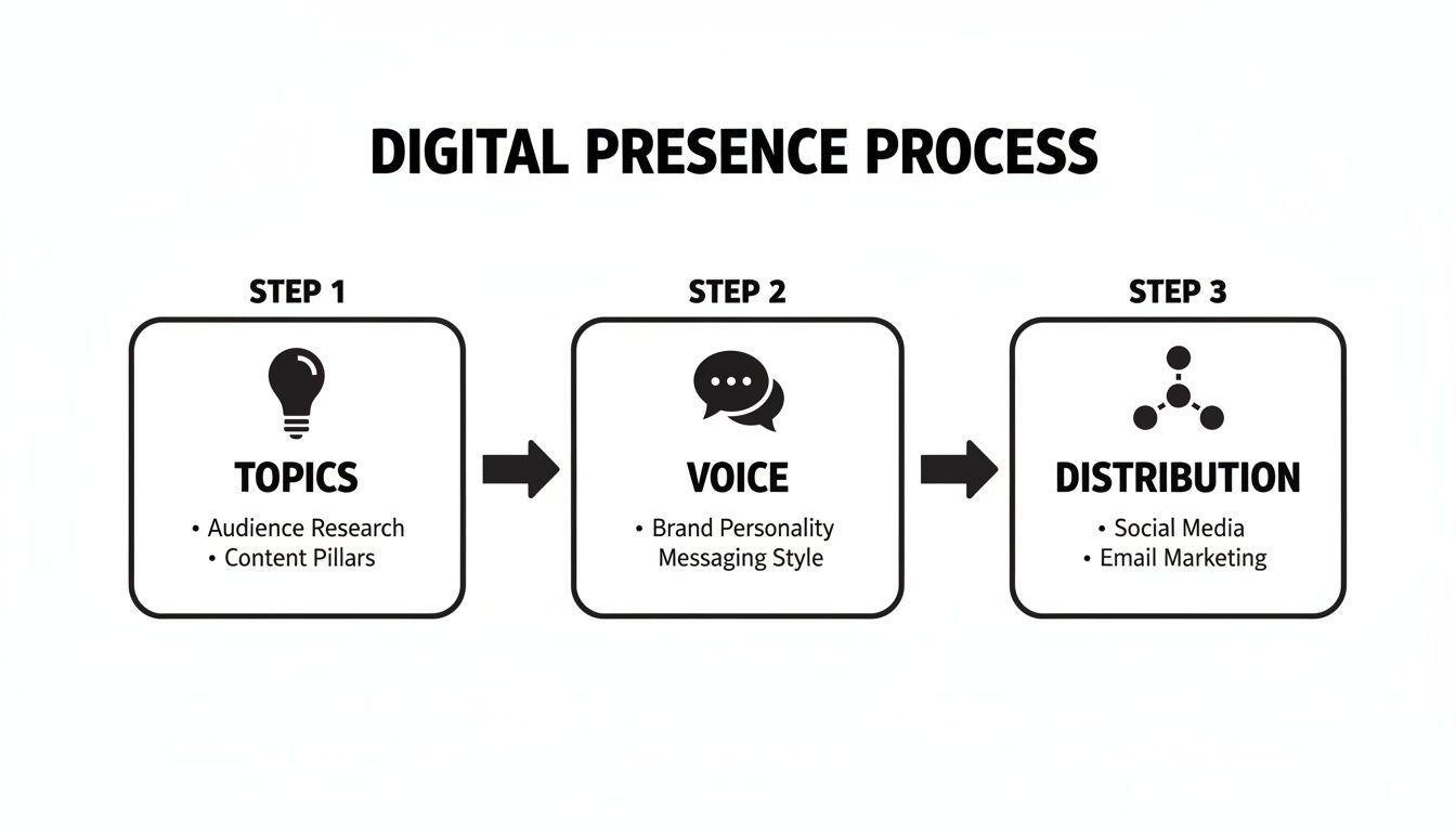 Flowchart illustrating the three-step digital presence process with topics, voice, and distribution elements.