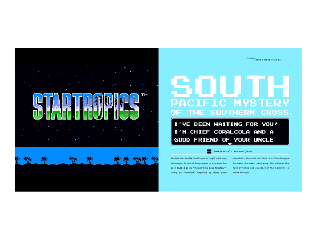 The image shows two pages from a book. The left page features the title "STARTROPICS" in stylized green and purple text against a black background with a starry night sky effect and a blue horizontal band at the bottom with silhouetted palm trees. The right page has a light blue background with the title "SOUTH PACIFIC MYSTERY OF THE SOUTHERN CROSS" in white text. Below the title, a black box contains text that reads: "I'VE BEEN WAITING FOR YOU! I'M CHIEF CORALCOLA AND A GOOD FRIEND OF YOUR UNCLE." Below this text are two small black square icons with names next to them: "True Tropics" and "Nintendo (3/99)".