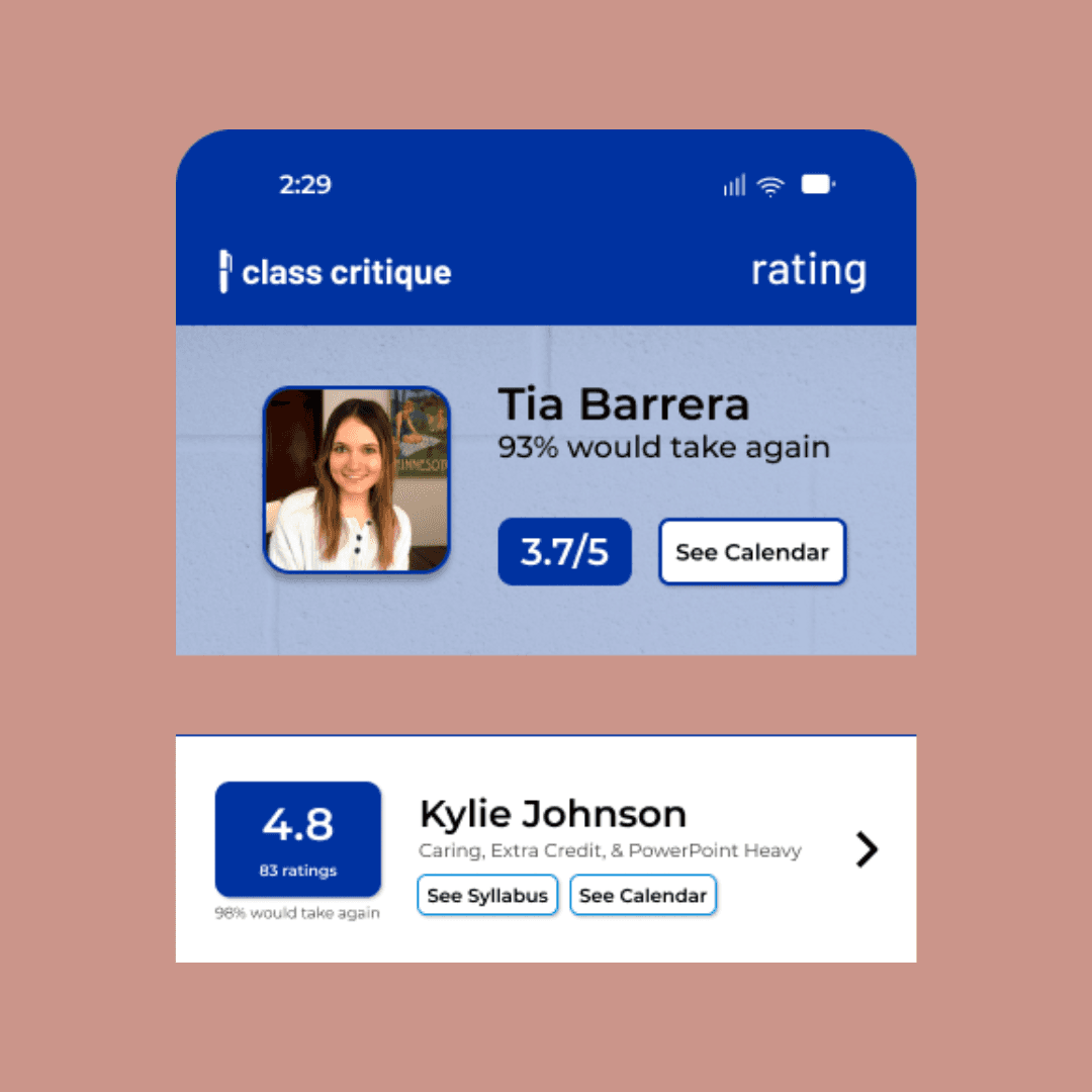Two phone screens showing professor scores, both including a "see calendar" button next to their name, allowing students to view scheduled classes.