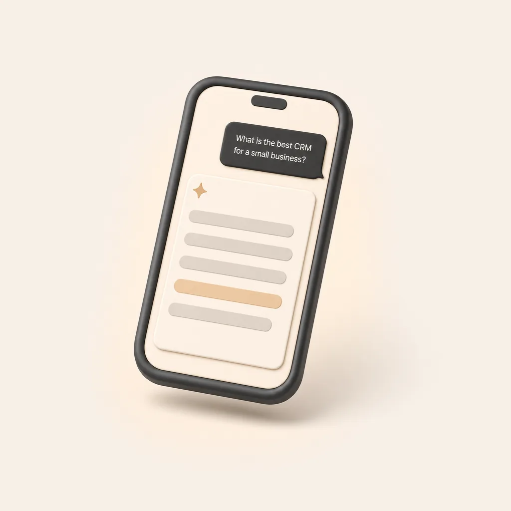 3D phone showing a ChatGPT style answer to what is the best CRM for a small business