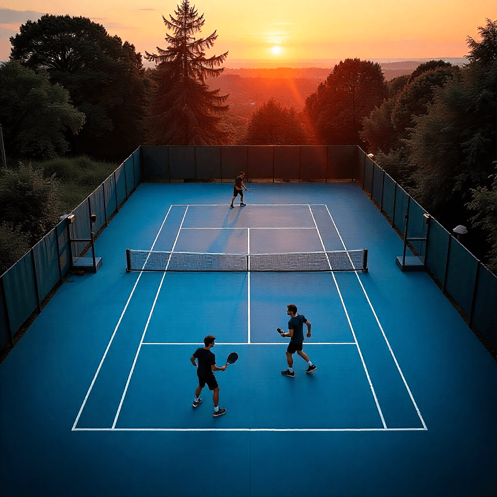 Two people engage in a tennis match on a blue court surrounded by lush trees, basking in the warm glow of a vibrant sunset in the distance.