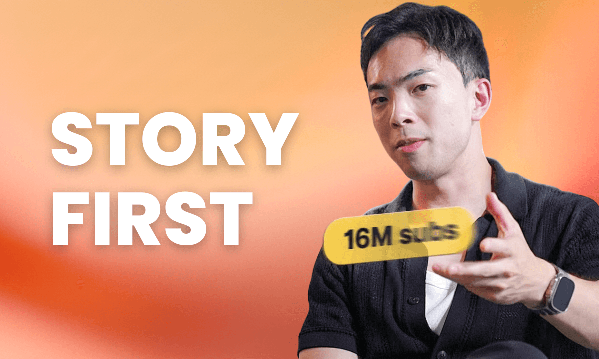 Podcast thumbnail featuring Hafu Go against a warm orange gradient background. Bold white text on the left reads “STORY FIRST,” while Hafu, wearing a dark short-sleeve shirt and a smartwatch, holds a yellow YouTube subscriber plaque labeled “16M subs.” He appears mid-gesture, emphasizing a storytelling point.