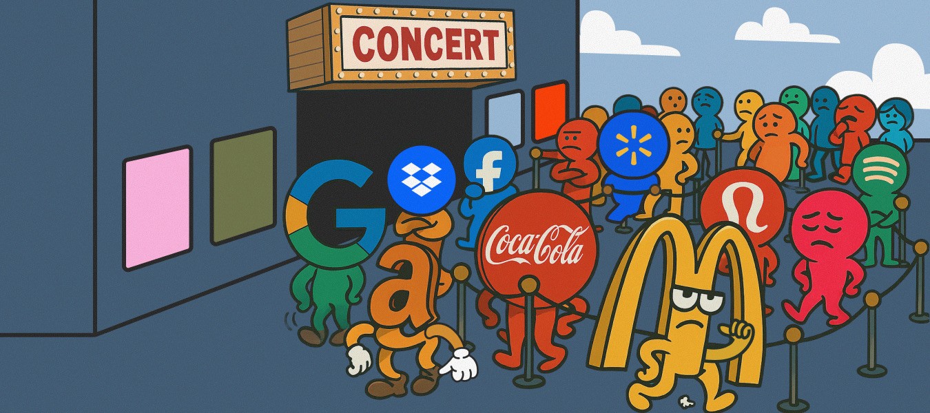 Crowd of brand logos, including Amazon, Coca-Cola, McDonald’s, and Google, waiting in a long chaotic line for a “Concert,” symbolizing how small CPG vendors wait endlessly for 1P attention.