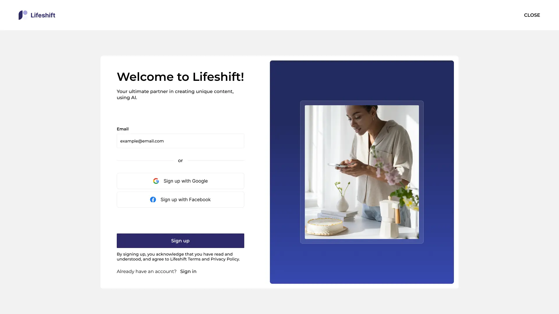 Lifeshift sign-up screen with email field, Google and Facebook login options and a branded creator image