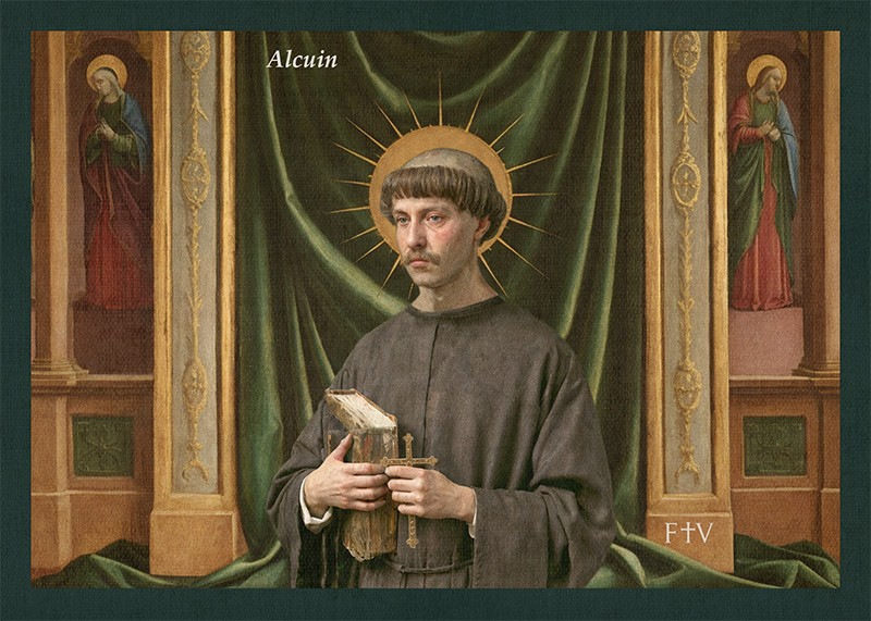 Sacred artwork by Faith and Verse. © Faith and Verse, 2025. All rights reserved. Traditional Catholic art postcard featuring Saint Alcuin in devotional portrait style.