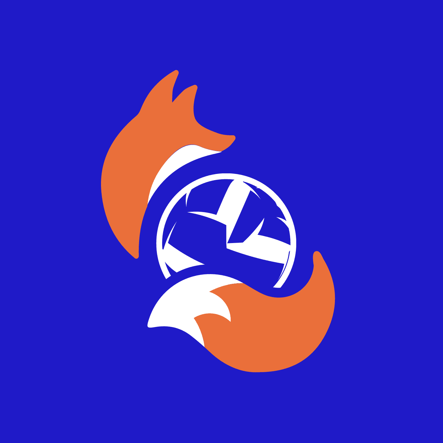 Logo représentant un renard stylisé orange entourant un globe blanc et bleu, sur un fond bleu vif.