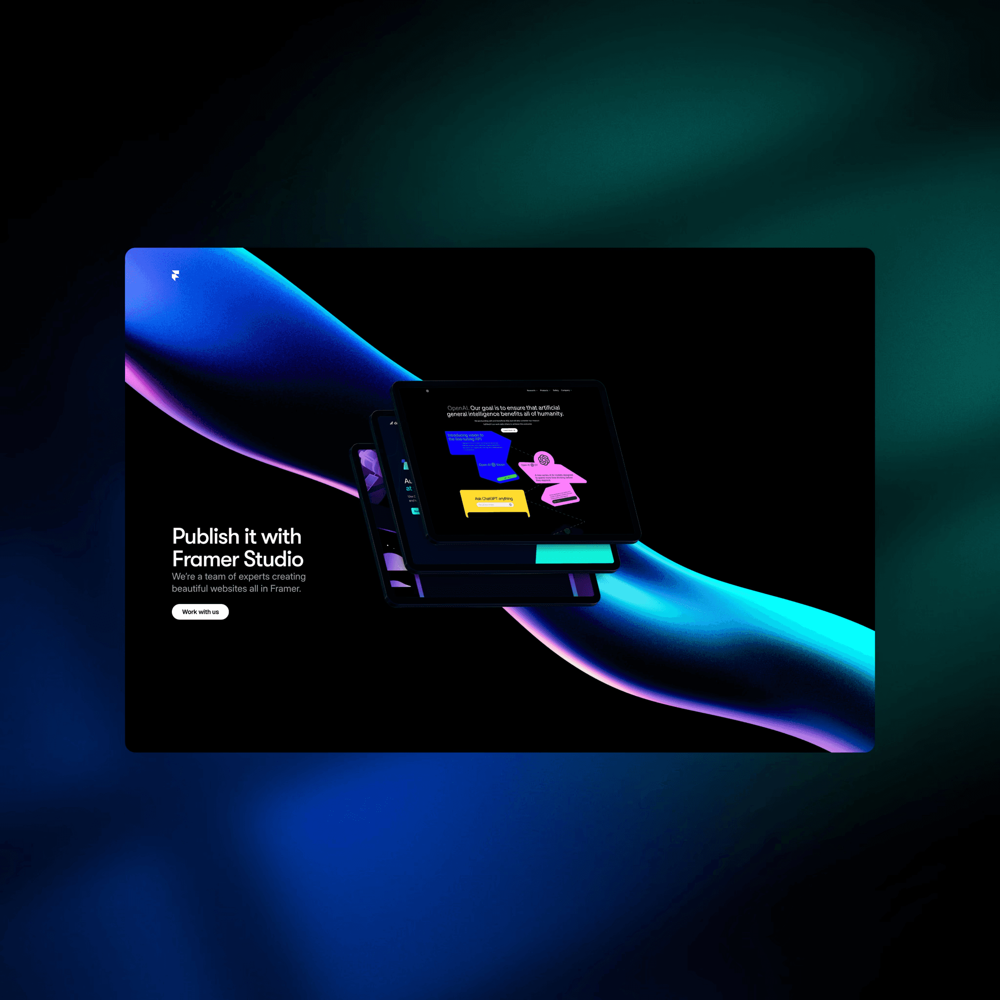 Framer Studio promotional page featuring stacked devices and neon graphics.