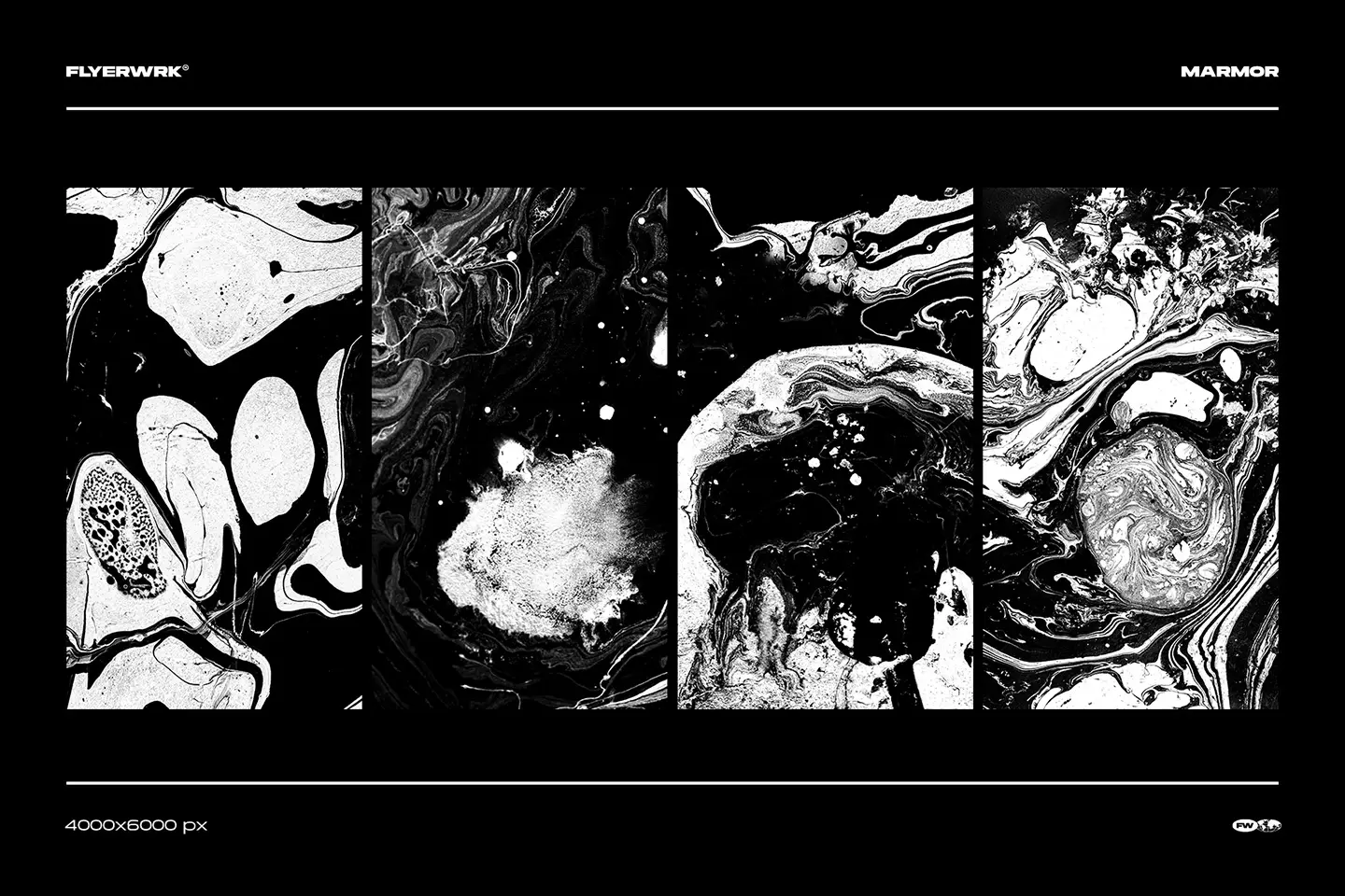 Marmor marble textures pack featuring four high resolution black and white liquid ink background variations