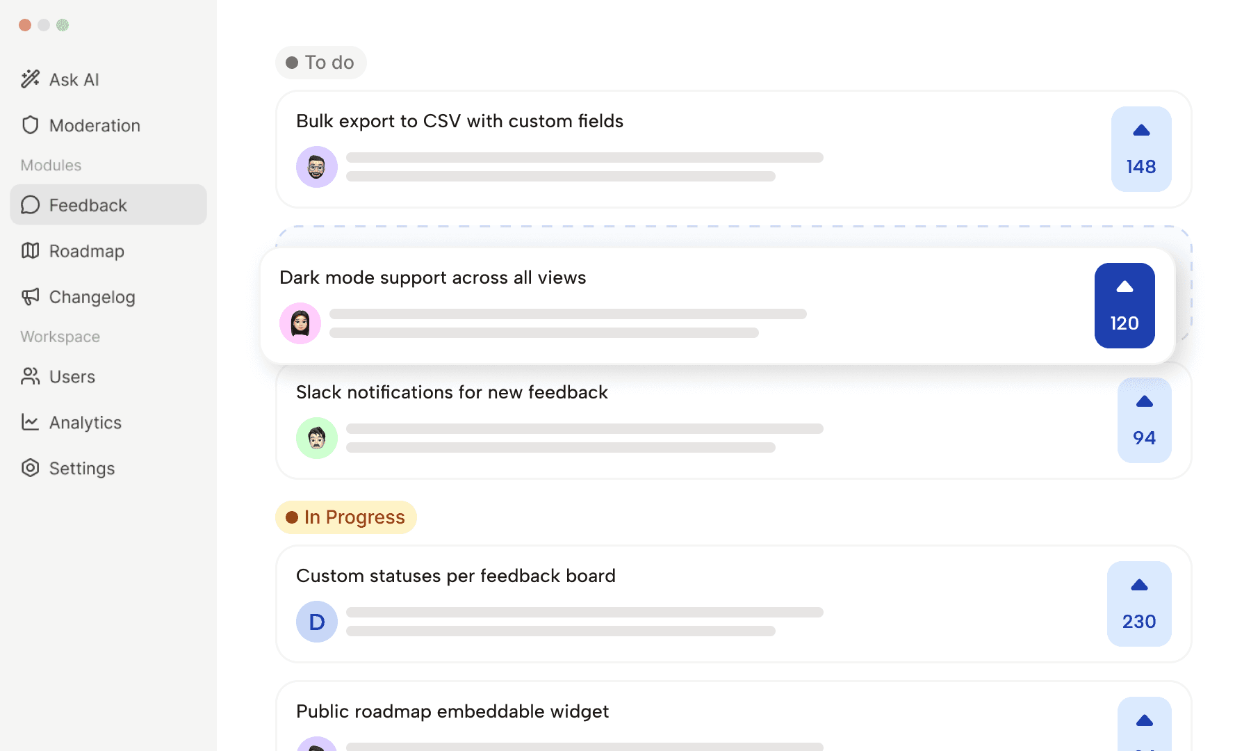 feedback management dashboard - with list of feedbacks and their upvotes