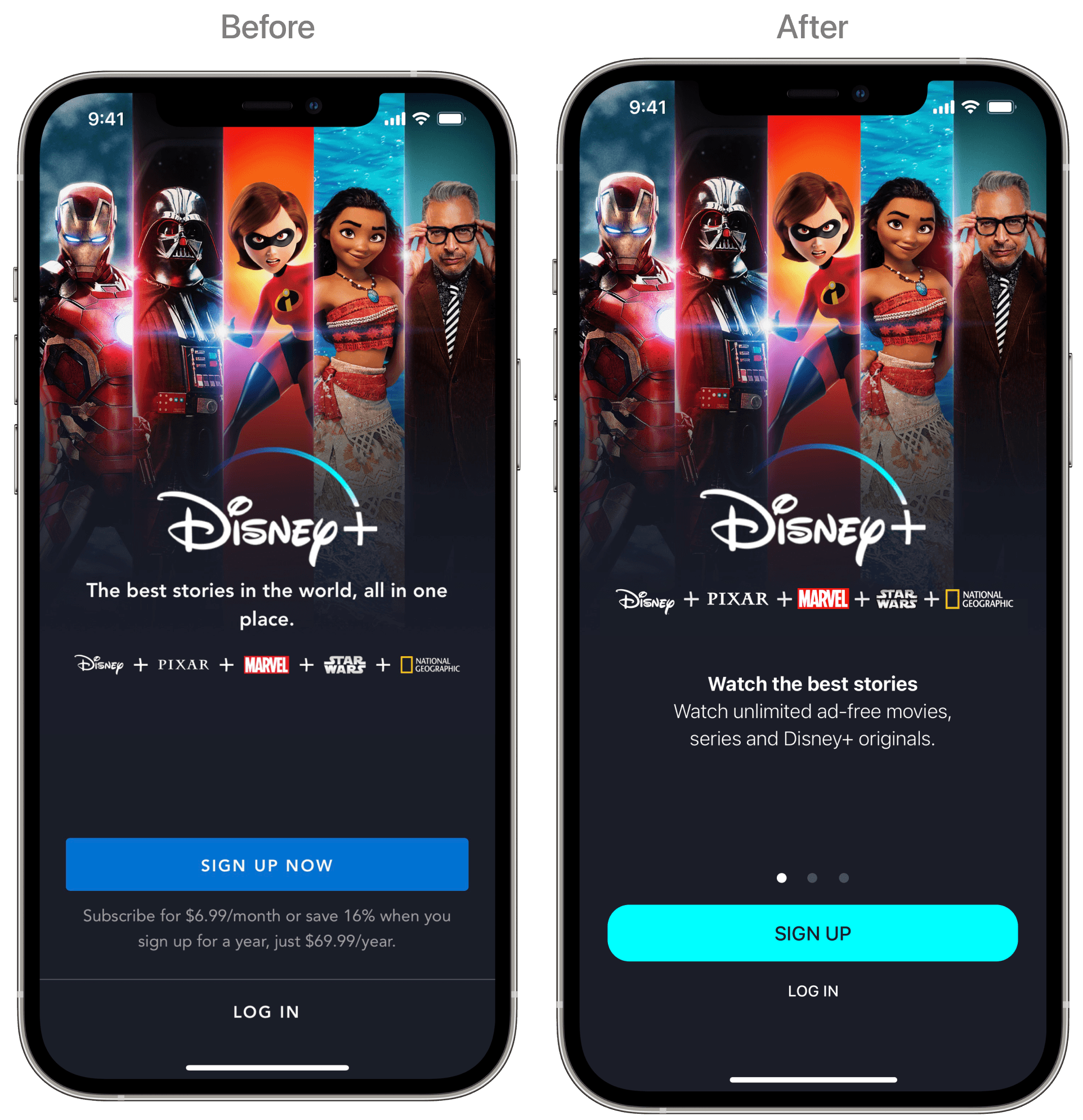 Disney+ opening sign-up screen before and after the rewrite