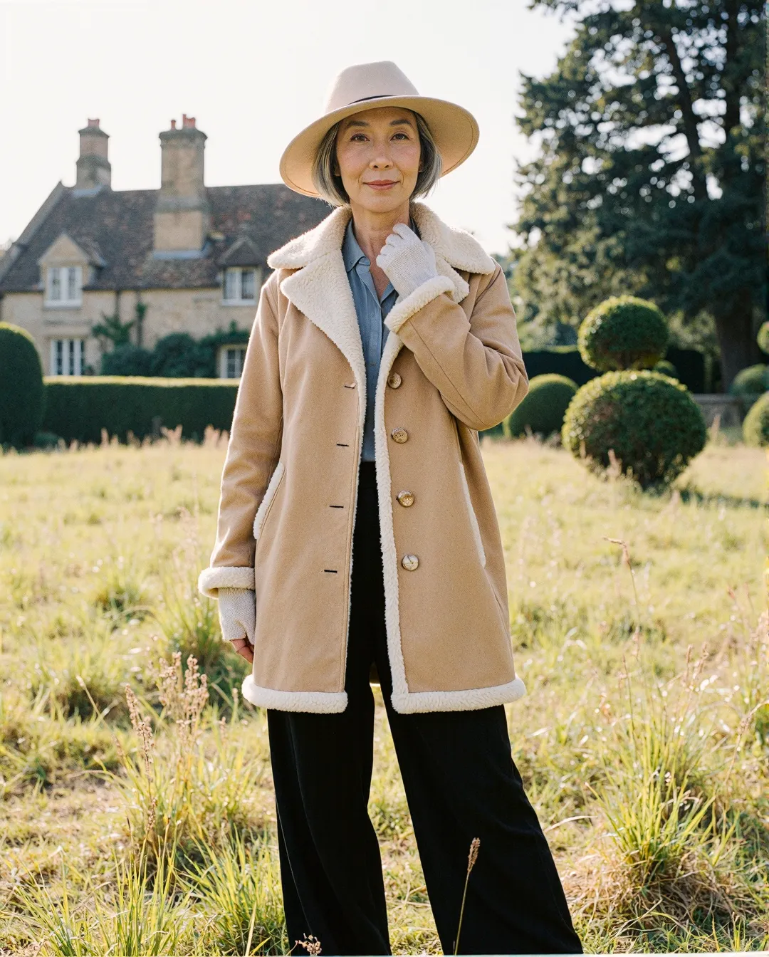 Stylish winter outfit featuring a camel shearling coat, wide-leg pants and cream fedora against a countryside estate backdrop