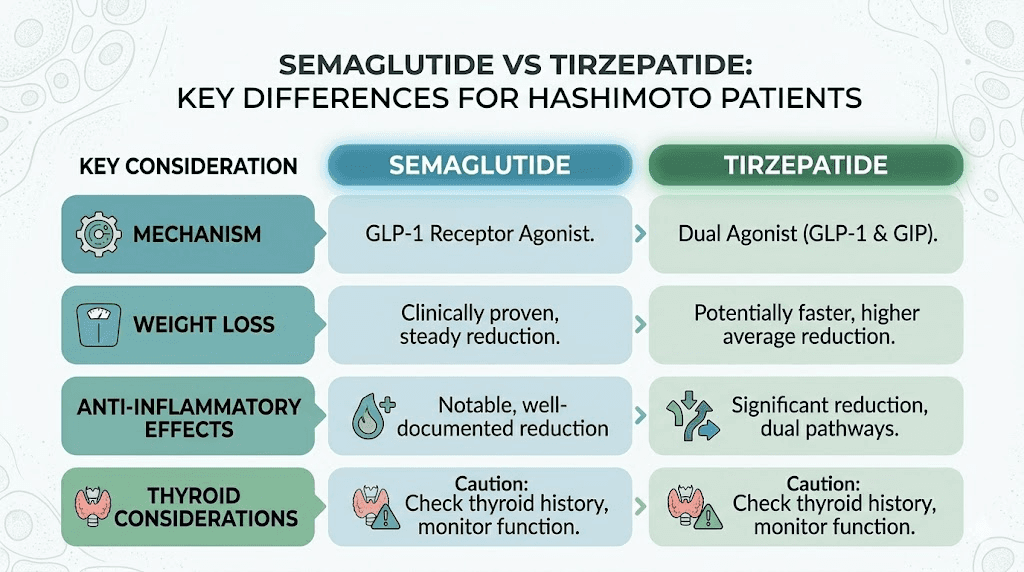 Semaglutide versus tirzepatide comparison chart for Hashimoto disease patients