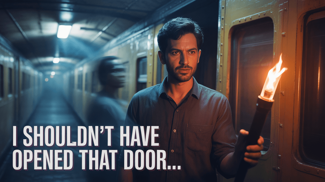 Player with torch in old sleeper train sees ghostly figure behind under I shouldnt have opened that door text
