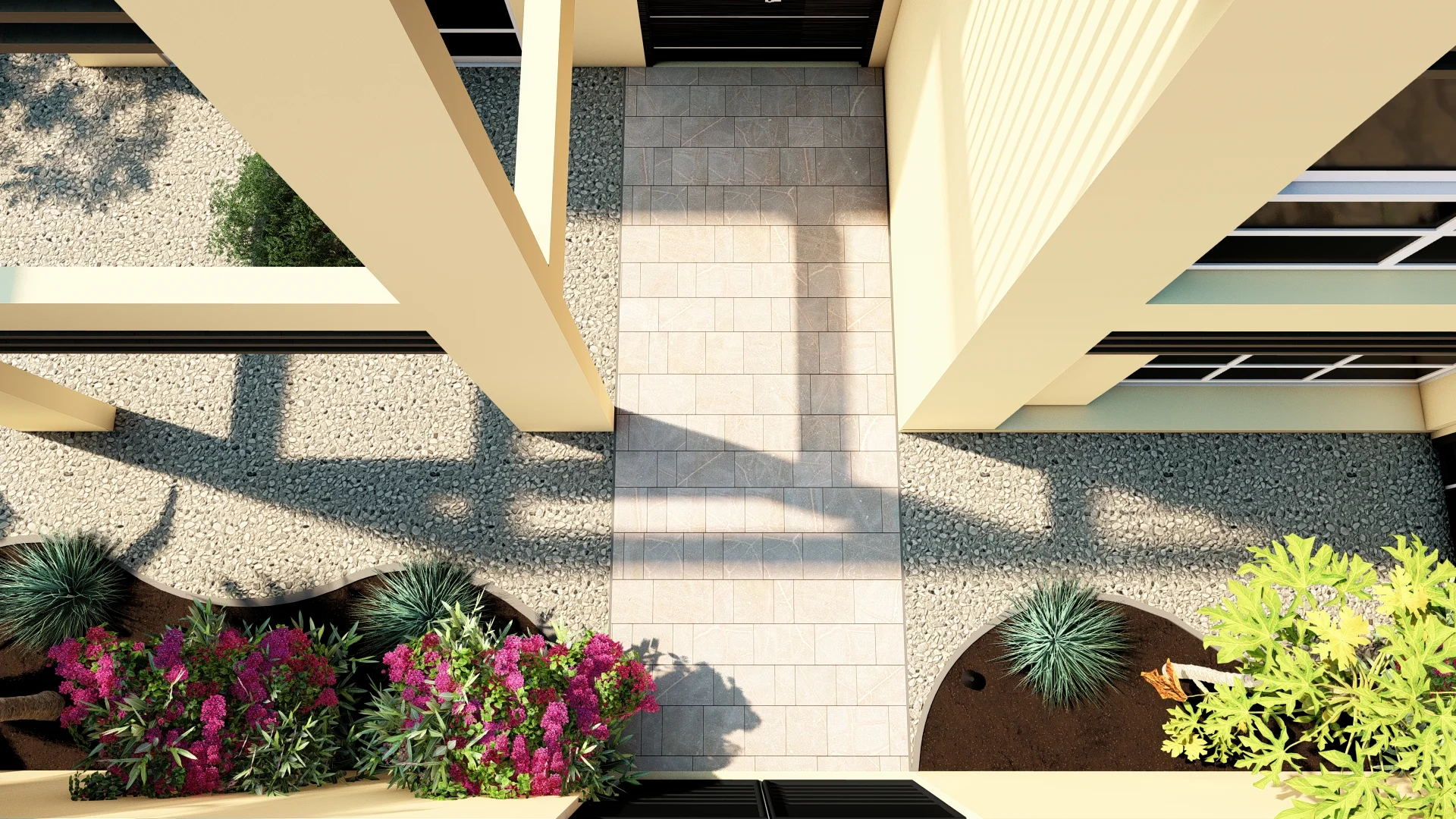 Bird's-eye view of the front entrance and the side yard.