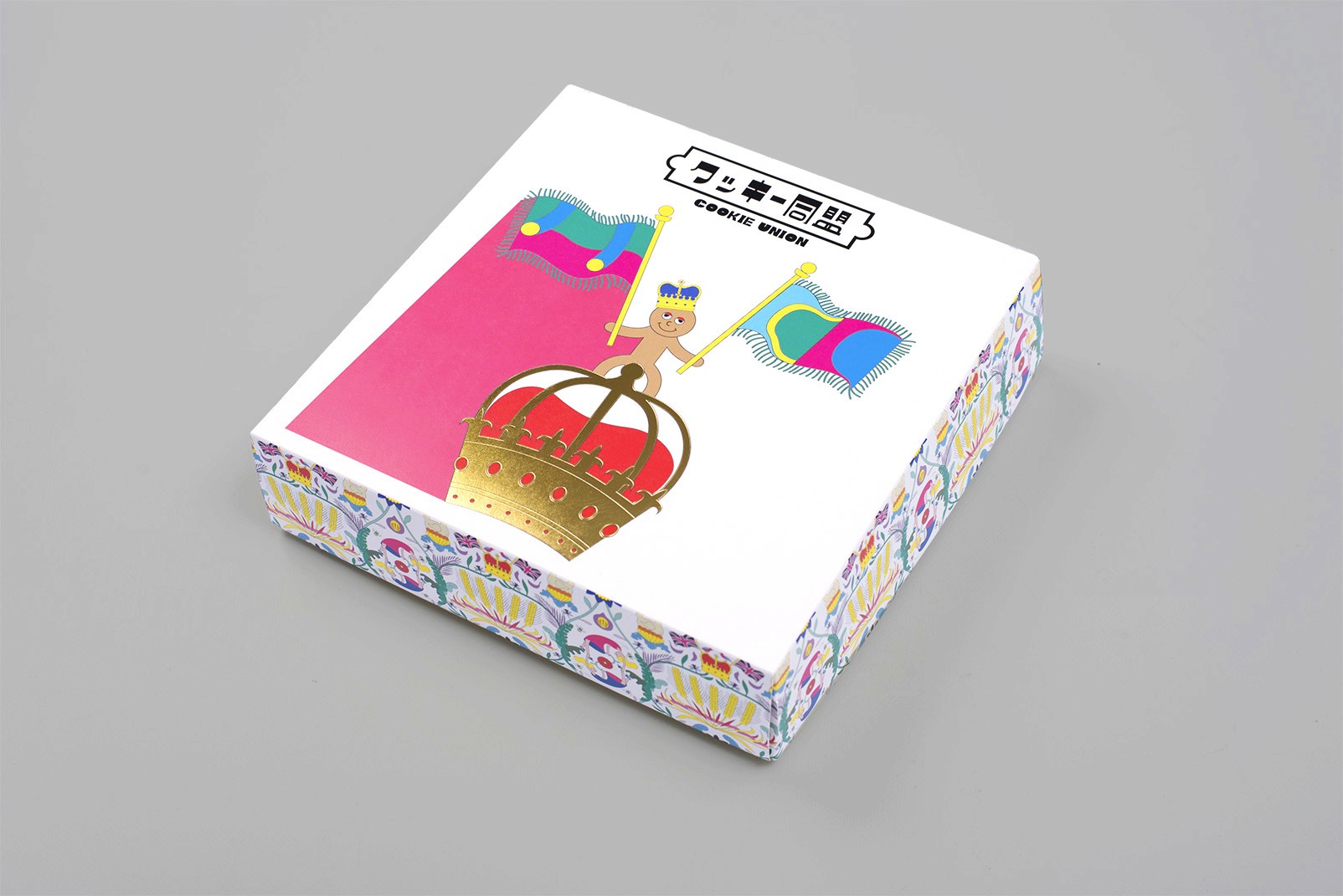 Cookie Union packaging box decorated with vibrant pop-style illustrations and playful typography.